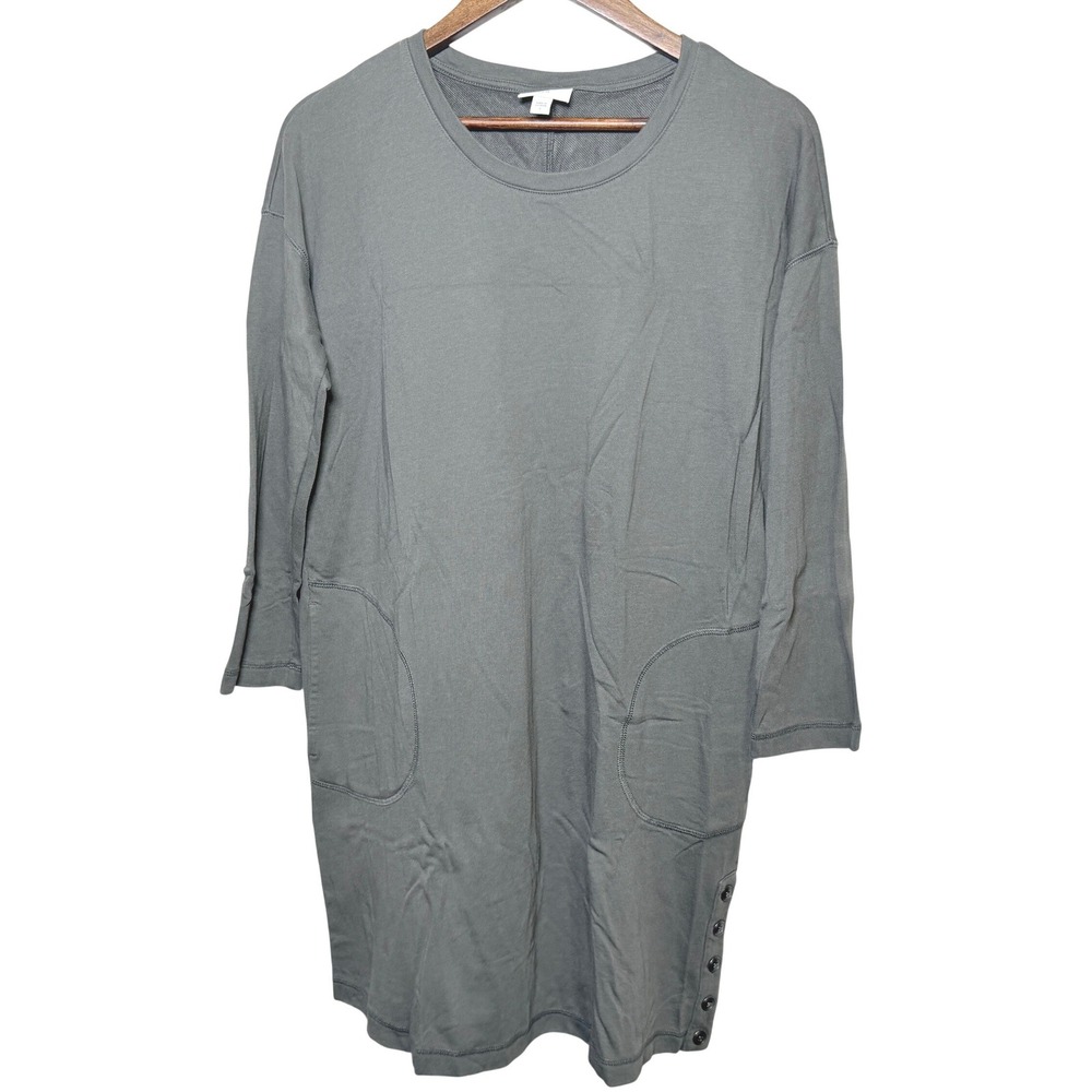 J. Jill Pure Jill Olive Gray Cotton Modal Knit Tunic Dress Button Side Detail L - Picture 2 of 10